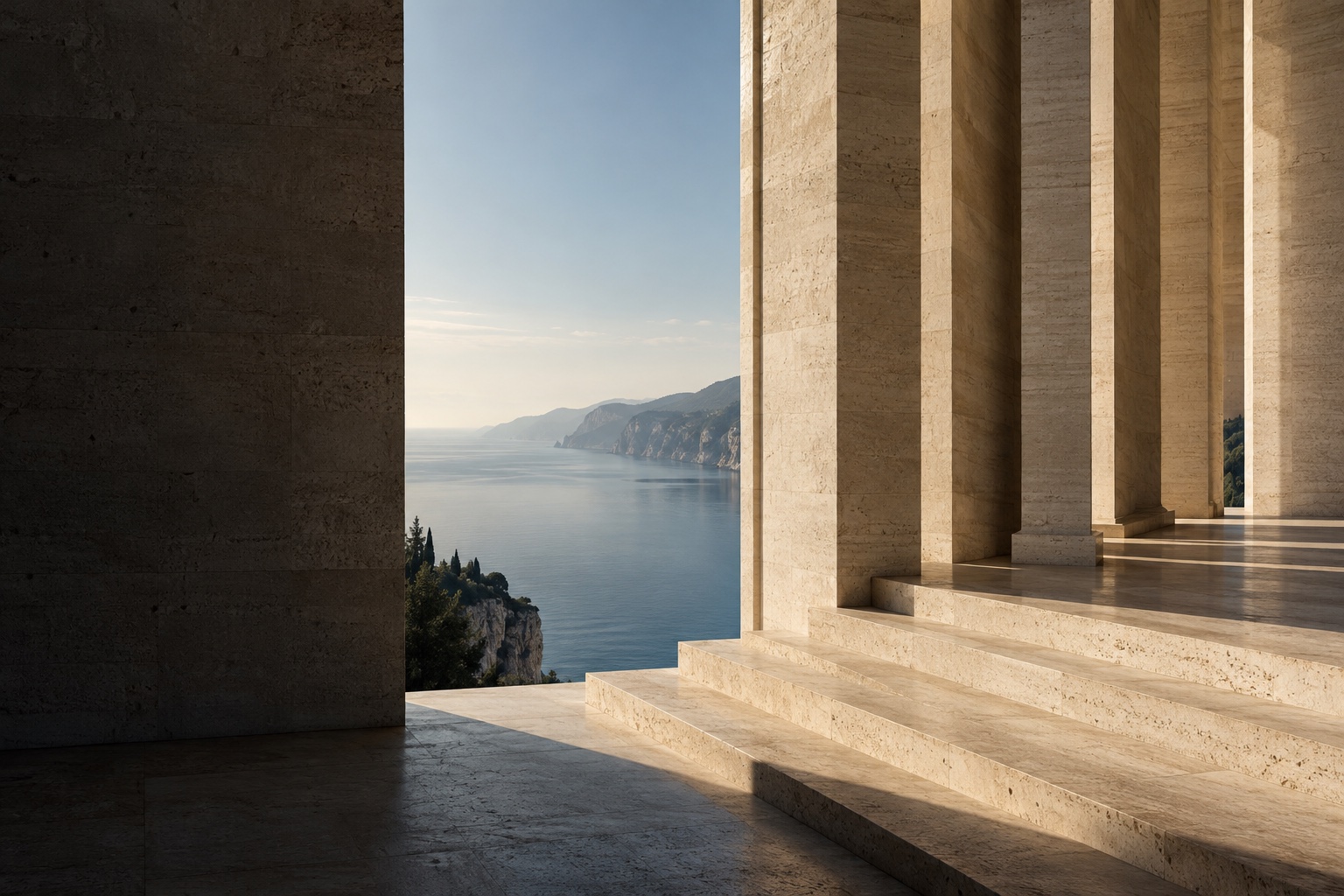 A quiet stone colonnade opening onto the sea